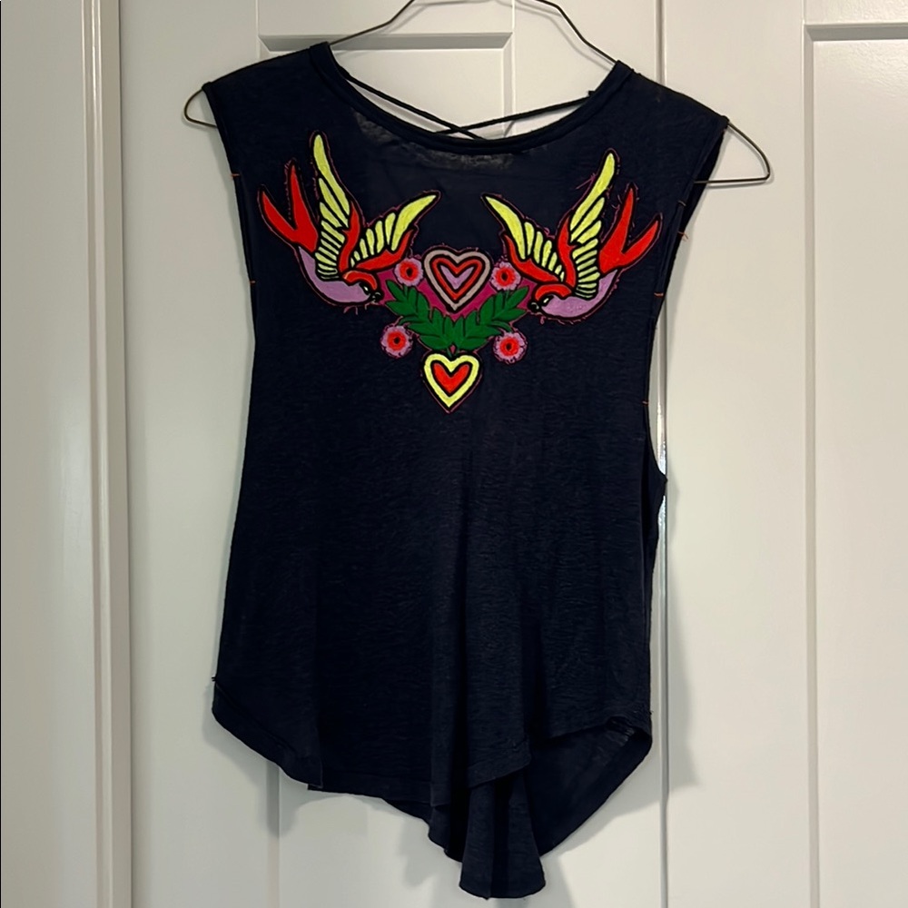 Free People Asymmetrical Graphic Muscle Tee in Red and Blue